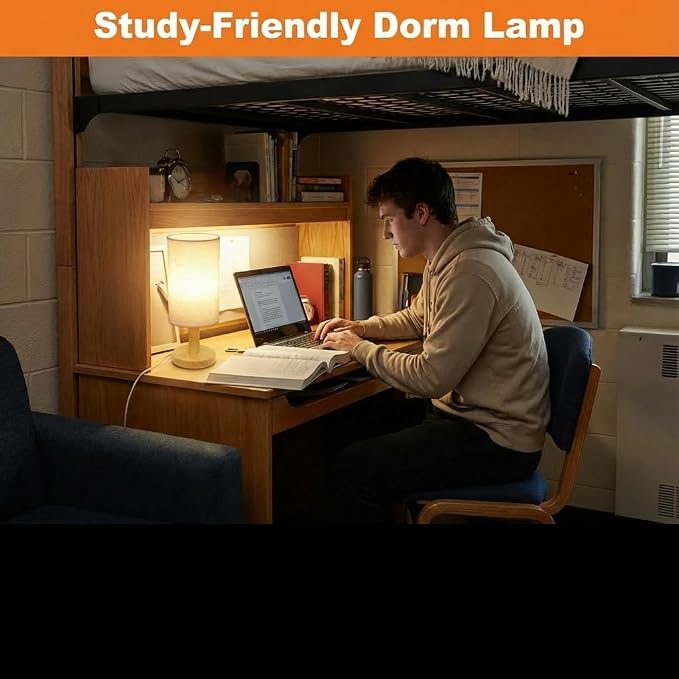 Touch Bedside Table Lamp - Stepless Dimming USB Powered, Minimalist Wood Base Linen Shade, 2700K Warm Light for Bedroom Nightstand Nursery Dorm Small Spaces, 5W LED 50K Hrs (No Bulb Replacement)