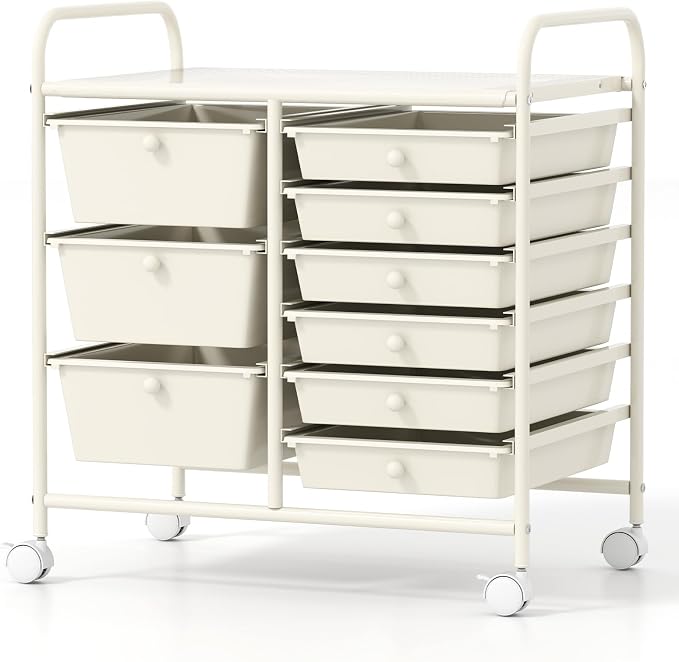 COSTWAY Rolling Storage Cart with 9 Drawer, Utility Cart with Metal Frame | Mobile Art Supply Craft Organizer, Multipurpose Storage Organizer for Paper, Office, School Teacher, Classroom, White