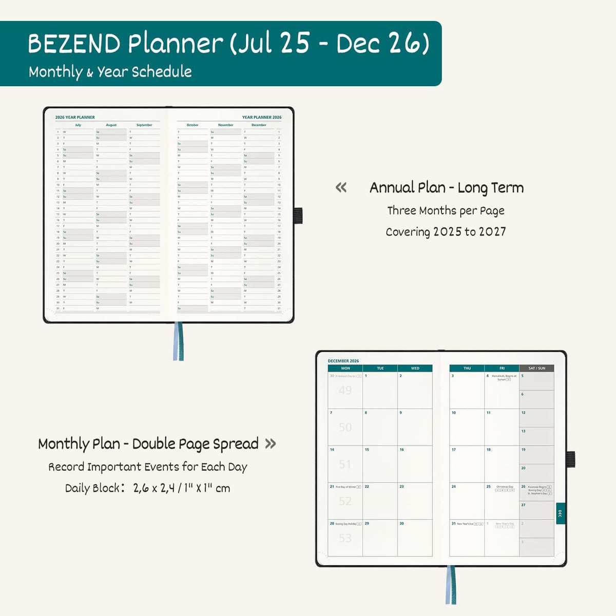BEZEND Pocket Planner 2025-2026 Weekly with 2 Columns, 18-Month Academic Calendar (Jul 25-Dec 26), Life Work Appointment, Storage Pocket, Pen Holder, PU Leather Hardcover 3.5" x 6" - Dutch Blue