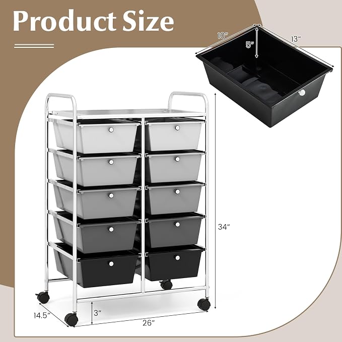 RELAX4LIFE Rolling Storage Cart with 10 Drawers - Craft Storage Cart with Lockable Wheels,Utility Cart, Art Cart Organizer for Crafting Storage, Office, School Rolling Drawer Cart (Gradient Black)