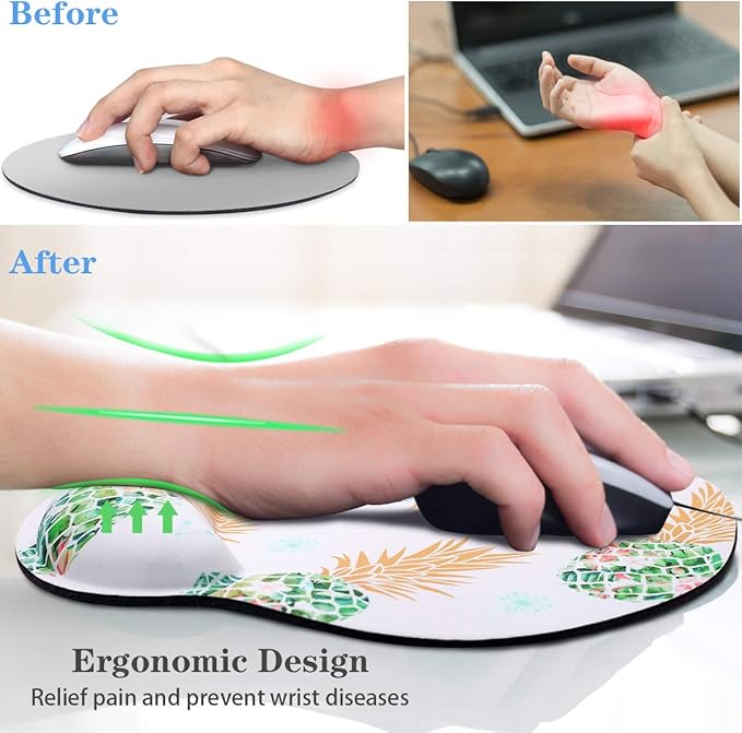 WAVEYU Pineapple Mouse Pad with Wrist Support, Cute Designed Mouse Mat with Wrist Rest for Women Girls, Comfortable Non-Slip Rubber Base Mousepad for Laptop, Computer, 9'' x 10'', Green Pineapple