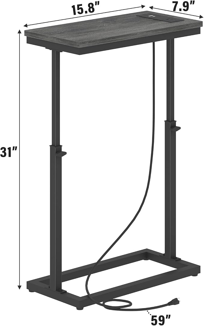 TUTOTAK End Table with Charging Station, Side Table, Tall Couch Table | Sofa Table, for living Room, Bedroom, Grey TB01BY084