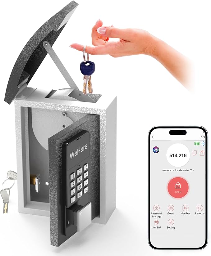 WeHere Key Lock Box Wall Mount with Key Drop Slot, Smart Digital Lockbox, OTP/APP Bluetooth/Wi-Fi/Fixed Code/Key Unlock, Key Safe Security Storage for House Outside, Realty Business, Apartment, Store