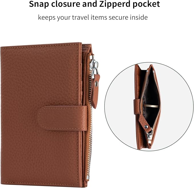 Passport wallet and Card Slot Combo RFID Blocking Leather Travel Passport Wallet for Men and Women with Zippered Coins Pocket Passport holder, CaramelBrown