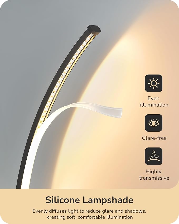 EDISHINE Curved LED Table Lamp, Modern Bedside Lamps for Bedroom, Black | 3 Color Temperature & Stepless Dimming, Aluminum & Iron, Silicone Lampshade, Ideal for Living Room, Office