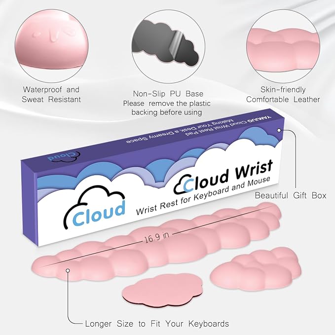 4 in 1 Ergonomic Leather Cloud Wrist Rest Keyboard and Mouse Pad & Coaster | Full 4-Piece Set, Non-Slip PU Base, Soft Memory Foam Comfort For Long Work/Gaming Hours, Cute Desk Decor, Easy To Clean