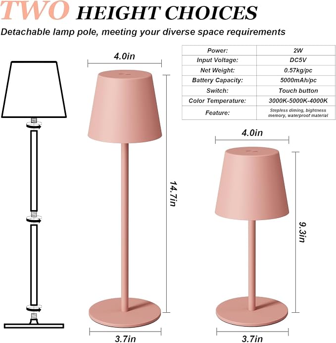 Kakanuo Cordless Table Lamp Rechargeable Pink - KK 2 Pack 5000mAH Battery Operated Lamp for Counter, 3 Color Stepless Dimming Wireless Lamp for Dining Kitchen, Outdoor Patio, Touch Control