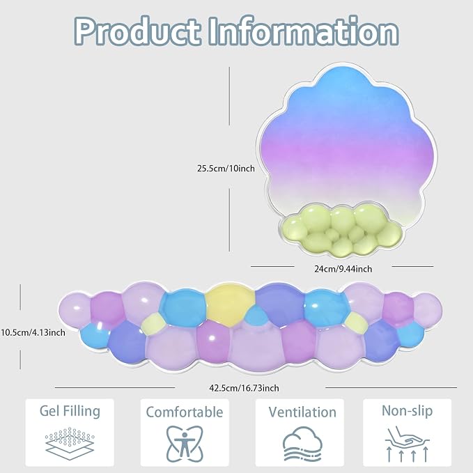 Gel Cloud Wrist Rest Pad and Ergonomic Mouse Pad Set for Keyboard and Mouse | Cooling Comfort Pain & Fatigue Relief Vibrant Pastel Aesthetic Easy to Clean Office Accessories