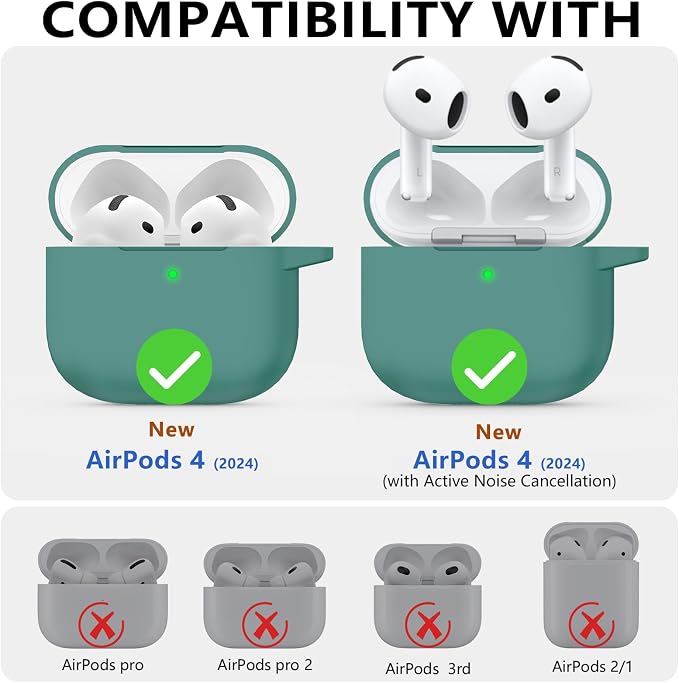 Ljusmicker for AirPods 4 Case 2024 with Cleaner Kit,Soft Silicone Protective Cover for Apple AirPods 4th Generation Cases for Women Men,for AirPod 4 Case Accessories with Keychain-Pine Green