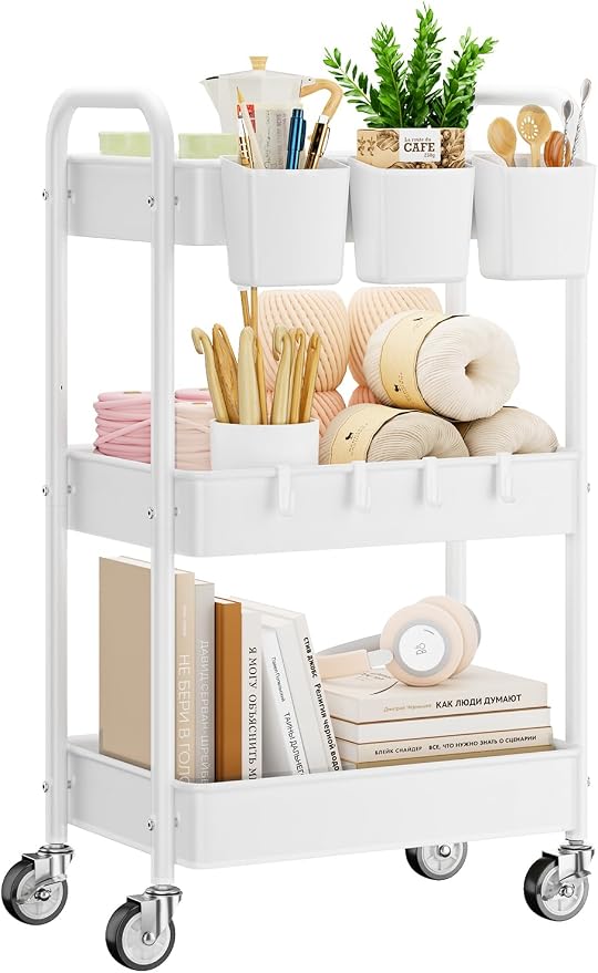 3 Tier Rolling Cart, Heavy Duty Metal Utility Cart with Wheel White | Sturdy Rolling Storage Cart With Hooks & Hanging Cups, Great For Craft, Art Workspace, Kitchen ,Snack And Office Storage