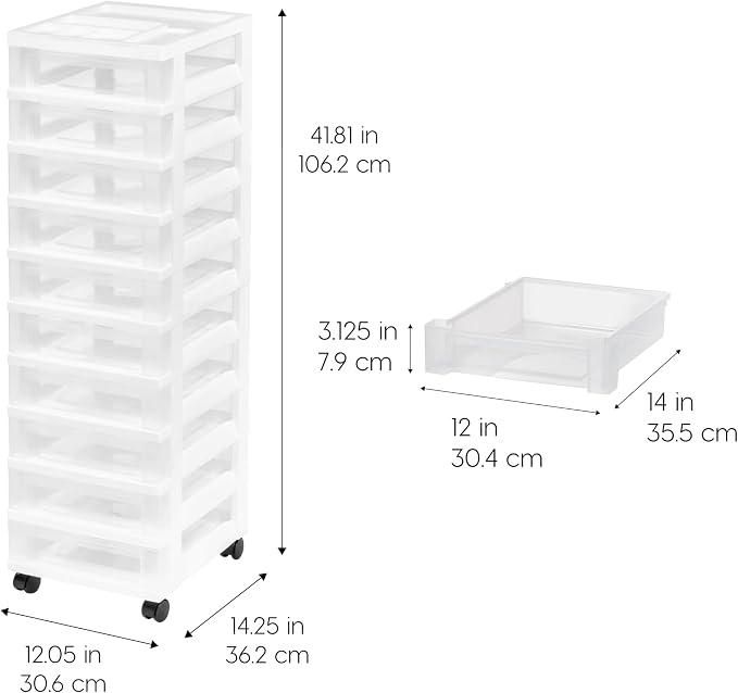 IRIS USA 10-Drawer Rolling Storage Cart, White/Clear | Keep classroom supplies, teacher essentials, craft materials, and learning tools organized with easy-access drawers.