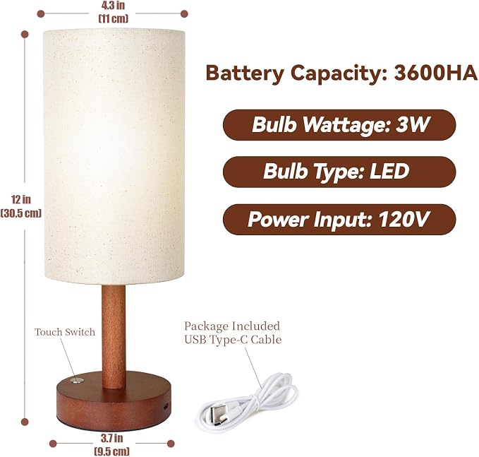 LALISU Cordless Table Lamp, 3 Color Dimming Portable Battery Lamp, Touch Control Wood Base Small Bedside Lamps for Night Stands, Living Room, Office(LED Bulb Included) (Cordless Wood Base)