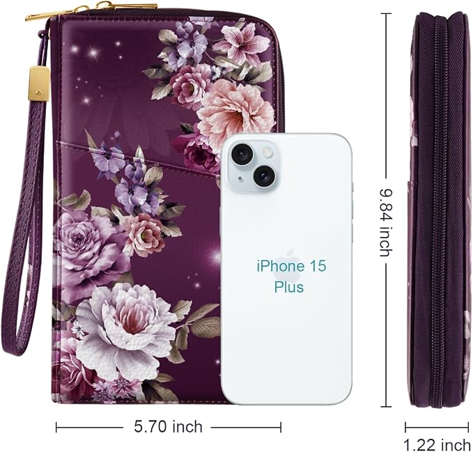Family Passport Holder Wallet RFID Blocking Document Organizer | PU Leather Mulit-purpose Travel Wallet Credit Cards Case for Women Men, Purple Floral
