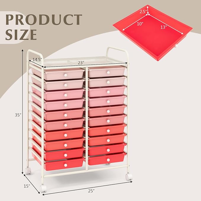 RELAX4LIFE 20 Drawer Rolling Storage Cart, Mobile Rolling Cart w/Drawers for School Classroom Teacher Office Home Salon, Paper File Art Supply Craft Organizer, Utility Cart on Wheels (Gradient Pink)