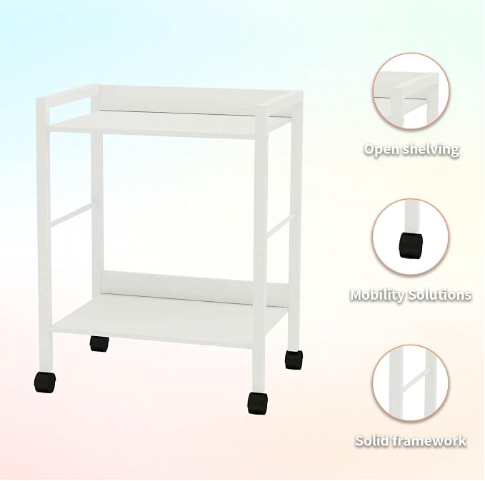 Small Rolling Side Table for Sofa, 2-Tier End Table on Wheels | Rolling cart for any room | Holds coffee, lamp, books, plants | Sturdy wood-metal shelf | Side, nightstand, printer stand