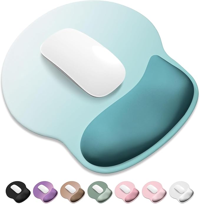 ITNRSIIET Ergonomic Mouse Pad with Wider Memory Foam Wrist Rest +17%, Curved Cushion Reduces Pressure 20%, Pain Relief, Non-Slip, Smooth, Cute Color Desk Accessory, 9.85 x 9 inch, Light Green Gradient