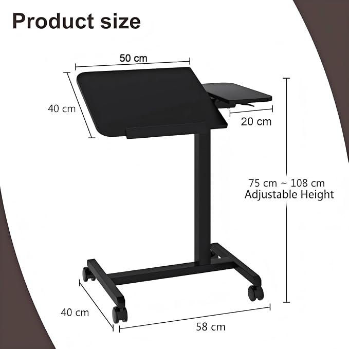 PUNCIA 28" Overbed Table with Split Tilting Desktop,Pneumatic C Table,Black | Mobile Laptop Desk for Bedside, Height Adjustable End Table with Wheels, Computer Cart for Home Sofa Office & Hospital Use
