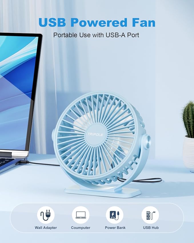 TriPole USB Desk Fan Small Portable, 360° Rotation Quiet Mini Personal Fan | Blue, 3 Speeds Plug In USB Fan, Desk Fans Small Quiet, 4.9ft Cable, Strong Breeze for Desktop Bedroom Office Table Travel