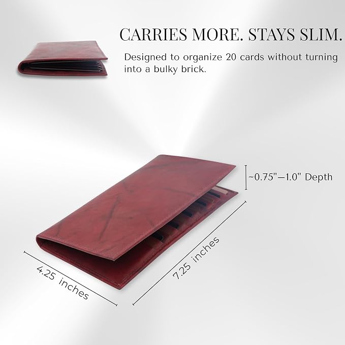 20 Card Wallet for Men, Long RFID Leather Credit Card Holder, Burgundy | 2 Bill Compartments | ID Window | Open Bifold | Organized Carry | Jacket Friendly