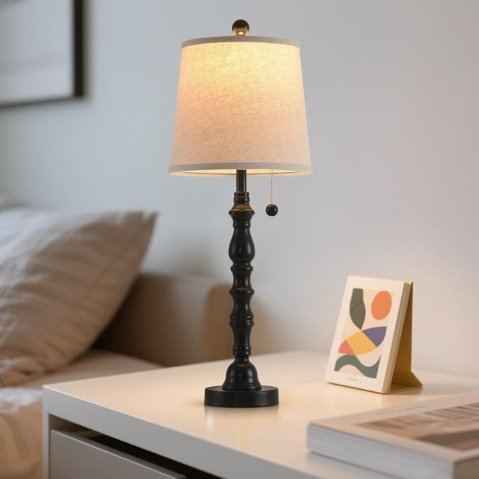 Terpsichore Modern Farmhouse Table Lamp Bedside Reading Lamps Living Room End Tables Set Lamps for Night Stands Bedroom Night Lamp,High 26.26 Inch,Black,with Fabric Lamp Shade,Bulb Not Included