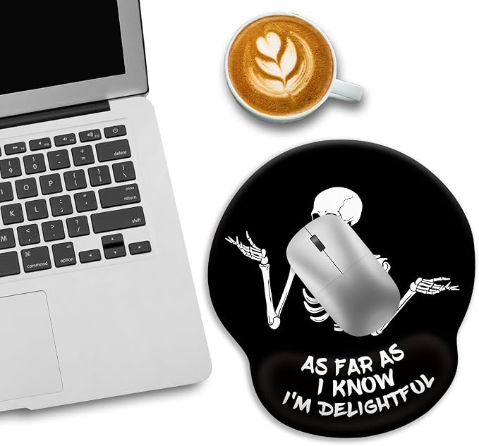 LIMKRIAN Skeleton Mouse Pad with Wrist Rest, 9.8 x 8.6 in, Funny Skull | Ergonomic Gel Wrist Support Pain Relief, Non-Slip PU Base, Funny Mouse Pads for Desk, Goth Office Desk Accessories Decor
