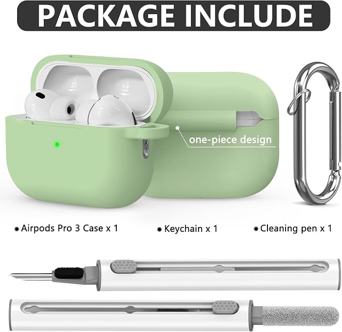 Ljusmicker for AirPods Pro 3 Case 2025 with Cleaner Kit,Pastel Green | Soft Silicone Protective Cover for Apple AirPod Pro 3rd Generation Case with Keychain for Women Men,Shockproof