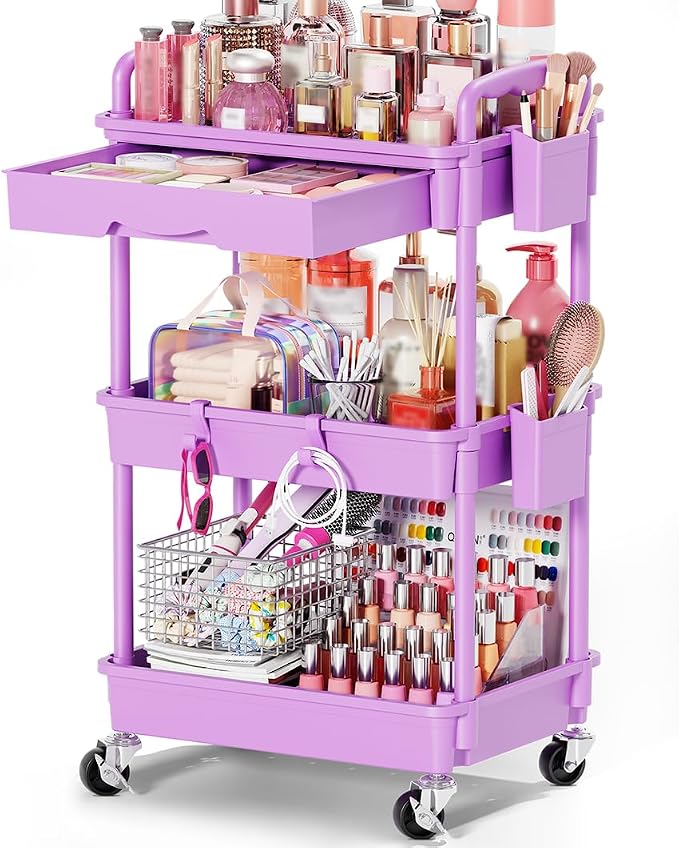 Goovilla Rolling Makeup Organizer Cart with Removable Drawer, 3 Tier Purple | Stable Floor Skincare Storage Cart for Vanity, Cosmetic Display, Nail Polish, Perfume, Hair Stuff, Beauty, Bathroom(Plastic)