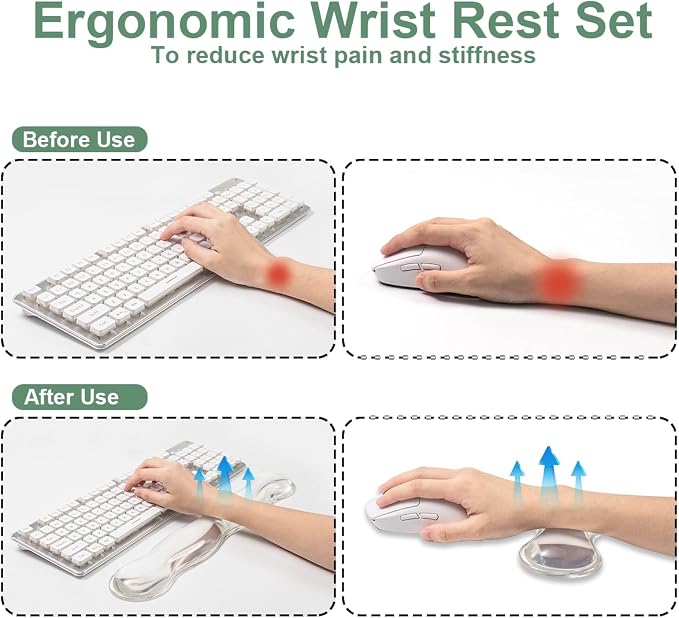 Ergonomic Silicone Gel Keyboard and Mouse Wrist Rest Set –17.12inch Longer Clear Wrist Rest for Full-Sized Computer Keyboard, Comfort & Support for Typing and Gaming (White)