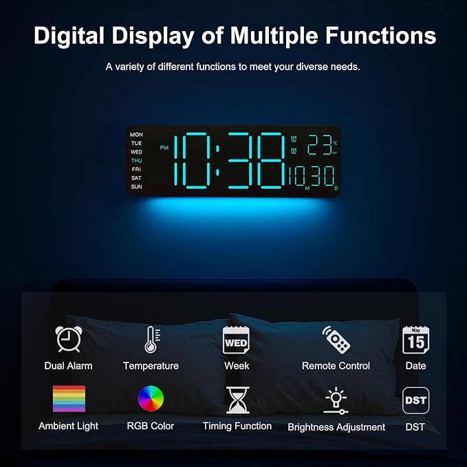 JoFomp LED Digital Clock Large Display with RGB Color Remote Control, 13" Large Digital Wall Clocks for Living Room Decor, Digital Alarm Clock with Temp/Timer/DST/Dimmer/Ambient Light - 12/24H