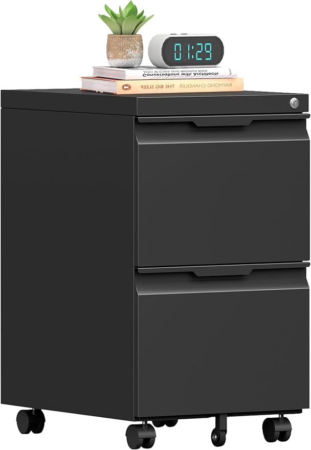 2 Drawer Mobile File Cabinet with Lock, Rolling File Cabinet with Wheels | Metal Small Filing Cabinet with Wheels for Home Office Storage, Fits Legal/A4/Letter/Document Size, Required Assembly, Black