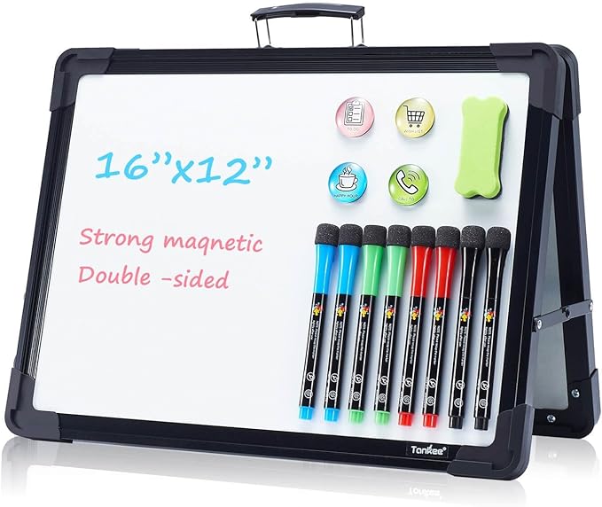 Dry Erase Board, 16x12 Inches Double Sided Magnetic Small Whiteboard | Portable, Foldable, With Stand, Magnetic, Desk Top White Board for School Classroom Homeschooling Office Home Teacher Student