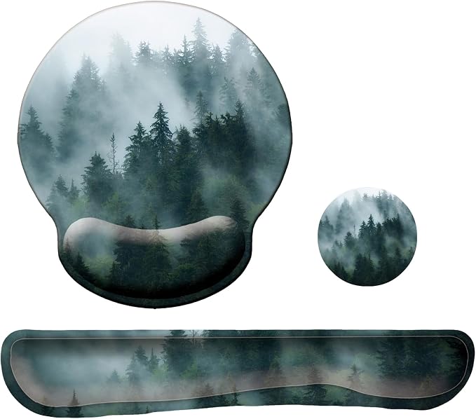 Keyboard Wrist Rest Pad Mouse Pad with Wrist Support Set of 3, Mousepad with Non-Slip Rubber Base, Ergonomic Memory Foam Mouse Wrist Cushion Support for Home Office Laptop Computer Gaming, Forest