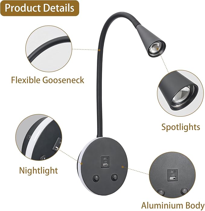 Black Headboard Reading Light with Nightlight, 2 Pack Wall Mounted Reading Lights with Switch, Plug-in Hardwired Reading Lamp for Bedtime Reading, Gooseneck Reading Sconces for Bedroom, Bedside