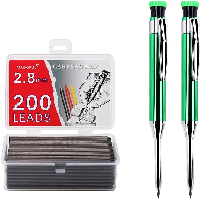 2.8mm Metal Carpenter Marking Pencils 2 Pack with 200 Refill Leads, Built-in Sharpener Tool Pencil for Woodworking, Deep Hole and Jobsite Marking, DIY, Cabinetry and Carpentry Projects (Green)