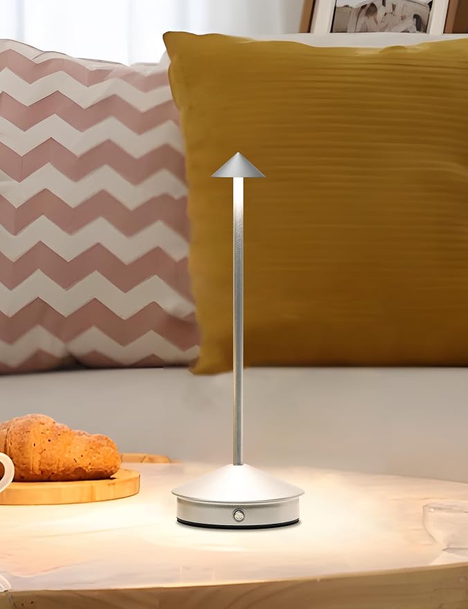 LED Rechargeable Cordless Table Lamps Silver | 2 Pcs Portable Modern USB Battery Operated Lights,Waterproof Touch Dimmable Desk Lamp,for Patio,Restaurant,Bar,Dining Home