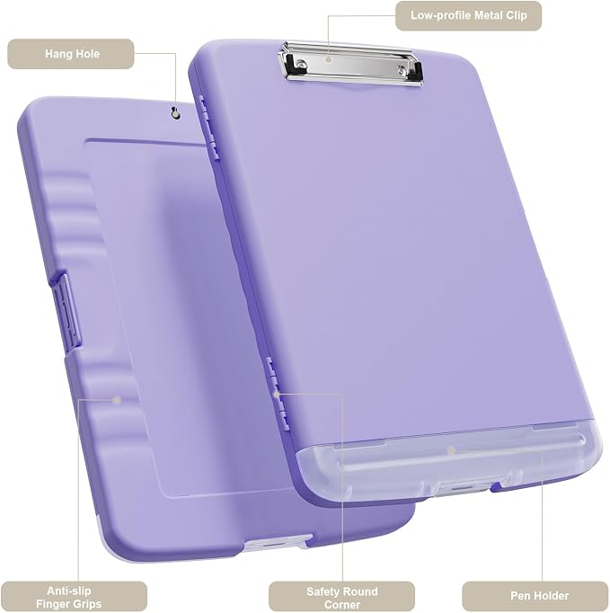 Piasoenc Clipboard with Storage, 8.5 x 11 Clip Board with Pen Holder,Purple | High Capacity, Heavy Duty Plastic Organization Box for A4 Legal Paper Folder, Folio & Side-Opening Nurses, Teachers, Student