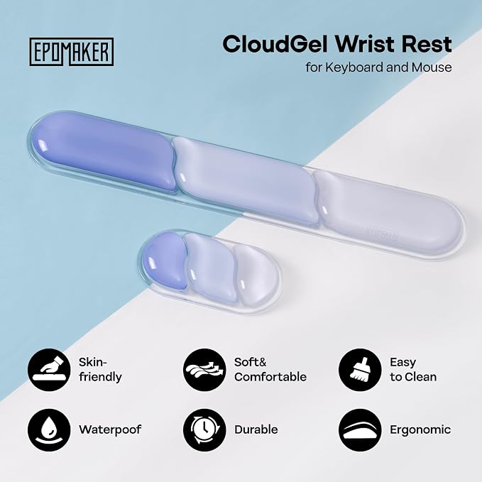EPOMAKER CloudGel Wrist Rest for Keyboard and Mouse, 2 Pieces | Silicone Wrist Support, Anti-Slip Rubber Bottom, Ergonomic Design, Suitable for Office/Computer/Laptop/Gaming (Blue)