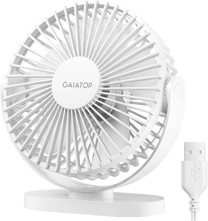 Gaiatop USB Desk Fan, 5.5 Inch Small Quiet Powerful 3 Speeds 90° Rotate, Personal Mini Portable Desktop Table Fans, Cooling for Home Office Car Travel Indoor Outdoor White