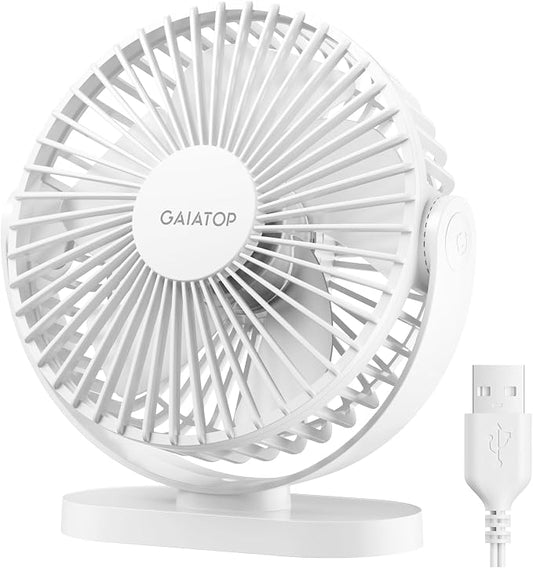 Gaiatop USB Desk Fan, 5.5 Inch Small Quiet Powerful 3 Speeds 90° Rotate, Personal Mini Portable Desktop Table Fans, Cooling for Home Office Car Travel Indoor Outdoor White