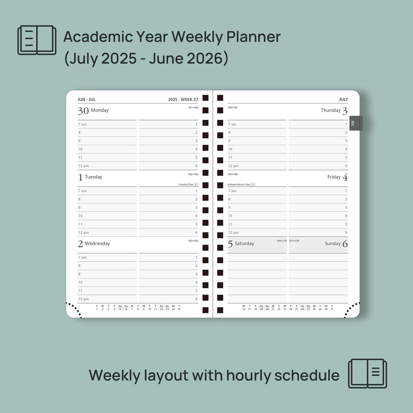POPRUN Pocket Planner 2025-2026 (Spiral Hardcover - 4''x 6.25''), Daily Weekly and Monthly (July 2025 - June 2026) with Hourly Time Slots, for Purse, 100 GSM - Pacific Green
