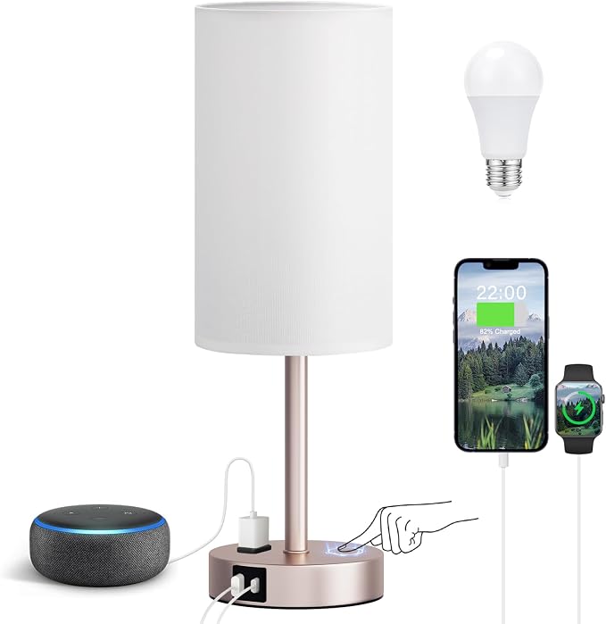 Antique White Bedside Table Lamp for Bedroom - 3 Way Dimmable Touch Lamp USB C Charging Ports and AC Outlet, Small Lamp Gold Base Round Flaxen Fabric Shade for Living Room, Desk