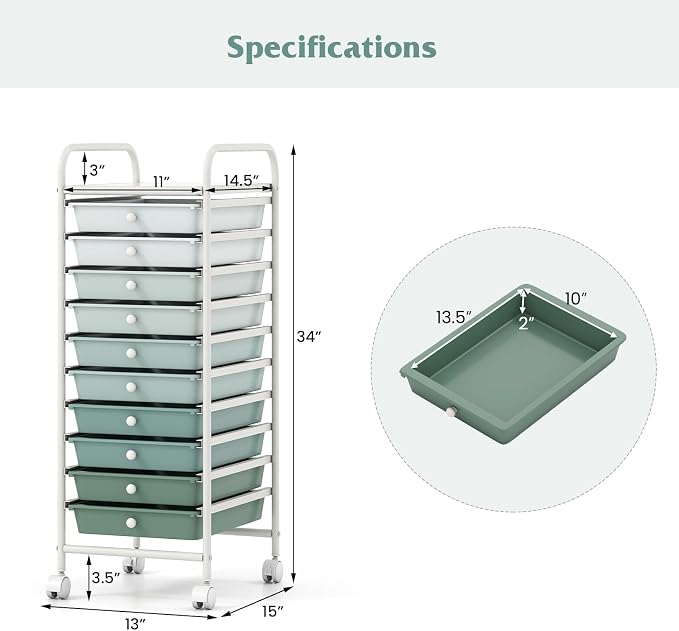 Storage Cart, Rolling Utility Cart with 10 Drawers, Portable Handles & Lockable Wheels, Mobile Paper Toys Storage Organizer Large Capacity for Home Office School Teacher (Gradient Green)