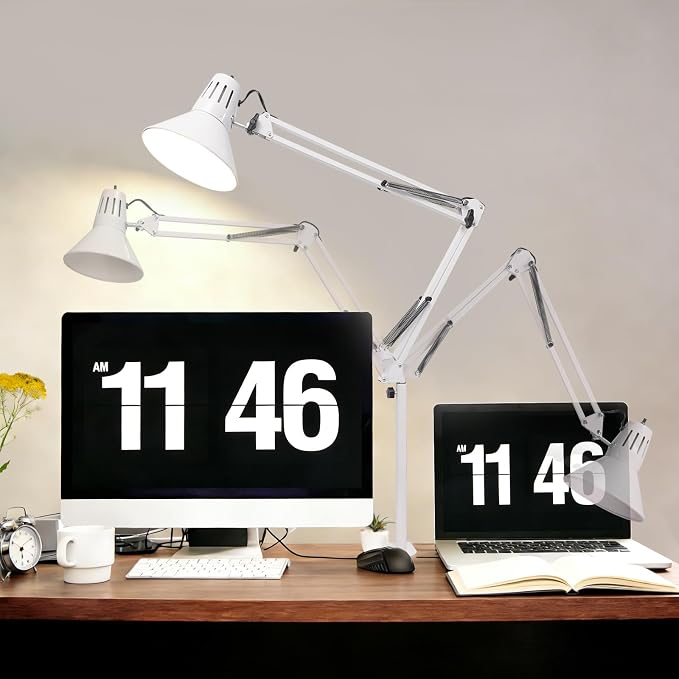 White Desk Lamp with Clamp, Extra-Tall Adjustable Metal Swing Arm, 3000K | Manicurist Table Lamp for Nail Work, Drafting, Sewing, Crafting, College Dorm and Home Office, A19 Bulb Included