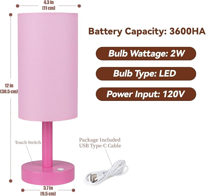 LALISU Small Table Lamp Nightstand Lamp Linen Lampshade Bedroom Wood Base Small Bedside Lamp for Night Stands, Desk Lamps for Reading Living Room, Office (LED Bulb Included) (Pink)