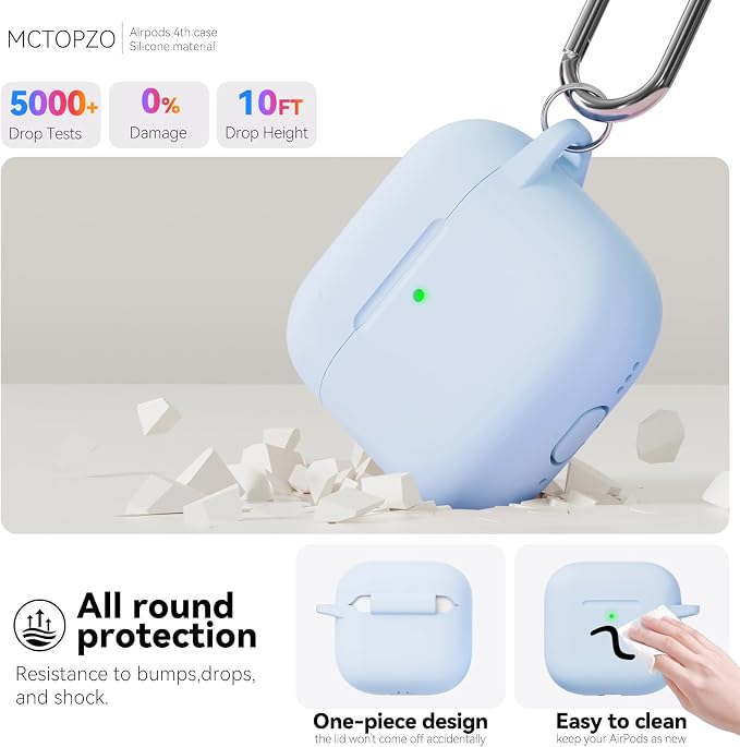for AirPods 4 Case 2024 with Cleaner Kit & Keychain-Sky Blue | Silicone Protective Cover for Apple AirPods 4th Generation Case,for Women Men,One-Piece Design,Shockproof,Dust Proof