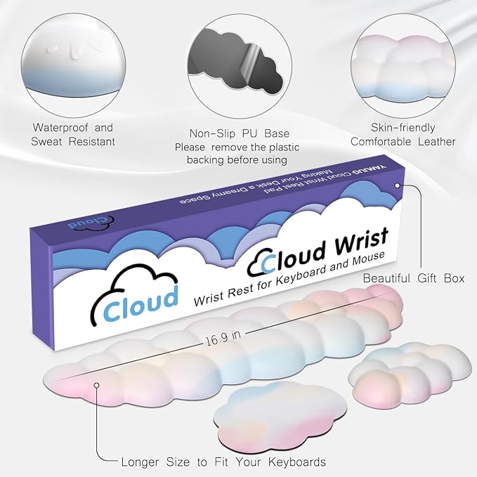 4 in 1 Ergonomic Leather Cloud Wrist Rest Keyboard and Mouse Pad & Coaster | Full 4-Piece Set, Non-Slip PU Base, Soft Memory Foam Comfort For Long Work/Gaming Hours, Cute Desk Decor, Easy To Clean