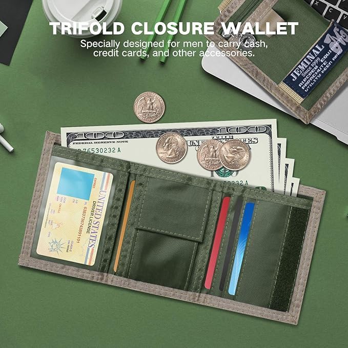 JEMINAL Trifold Wallet for Men Canvas Outdoor Sports Keychain Wallet with Multiple Card Slots and ID Window Green