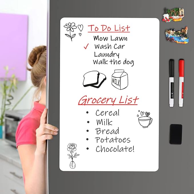 Magnetic Dry Erase Board Fridge Whiteboard Sheet 20"x13" | Easy to Write & Clean, Flexible Refrigerator Magnet, Large White Board Planner for Home Kitchen, 2 Markers and Eraser