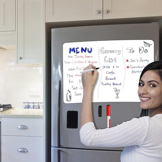 Magnetic Dry Erase Board Fridge Whiteboard Sheet 20"x13" | Easy to Write & Clean, Flexible Refrigerator Magnet, Large White Board Planner for Home Kitchen, 2 Markers and Eraser