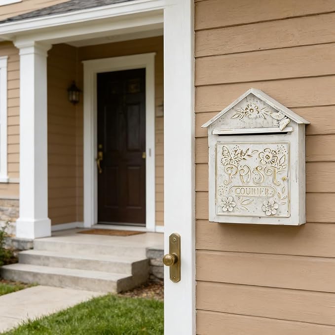 Vintage White Wall Mount Mailbox for Outside, Metal Post Box Decorative Antique Style Mail Drop Box for House Decor(White)